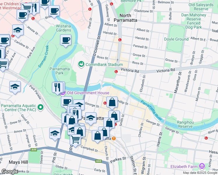 map of restaurants, bars, coffee shops, grocery stores, and more near 333 Church Street in Parramatta