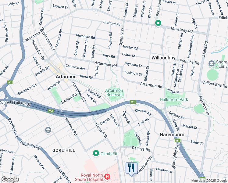 map of restaurants, bars, coffee shops, grocery stores, and more near Burra Road in Artarmon