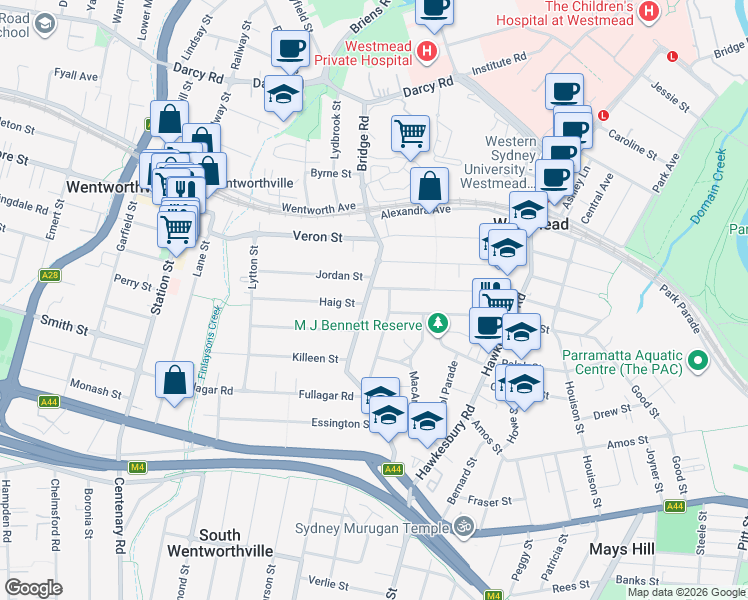 map of restaurants, bars, coffee shops, grocery stores, and more near 77 Bridge Road in Westmead