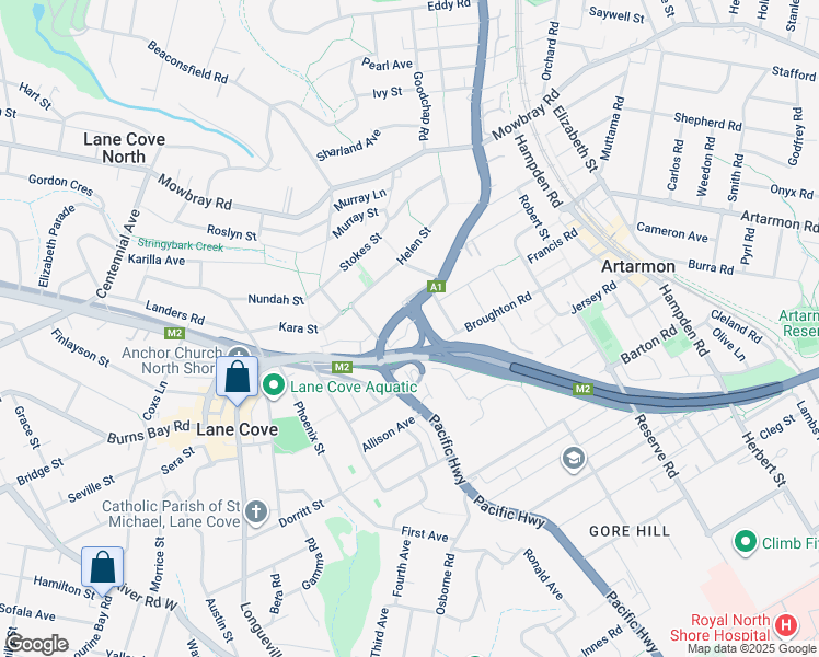 map of restaurants, bars, coffee shops, grocery stores, and more near 421 Pacific Highway in Artarmon