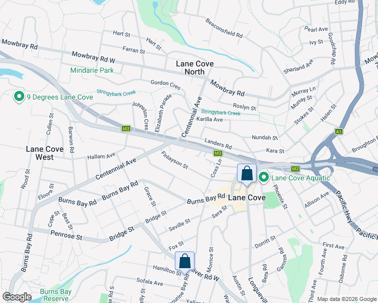 map of restaurants, bars, coffee shops, grocery stores, and more near 54 Epping Road in Lane Cove