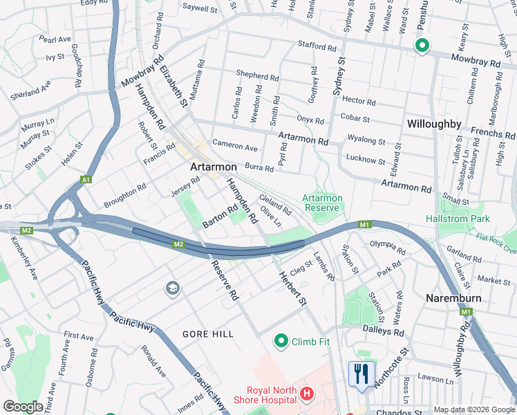 map of restaurants, bars, coffee shops, grocery stores, and more near 38 Cleland Road in Artarmon