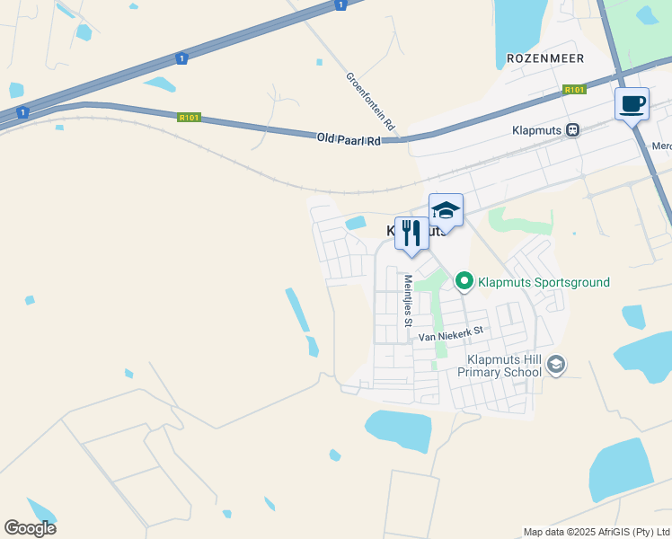 map of restaurants, bars, coffee shops, grocery stores, and more near 8 Hani Street in Klapmuts