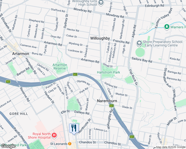 map of restaurants, bars, coffee shops, grocery stores, and more near Walter Street in Willoughby