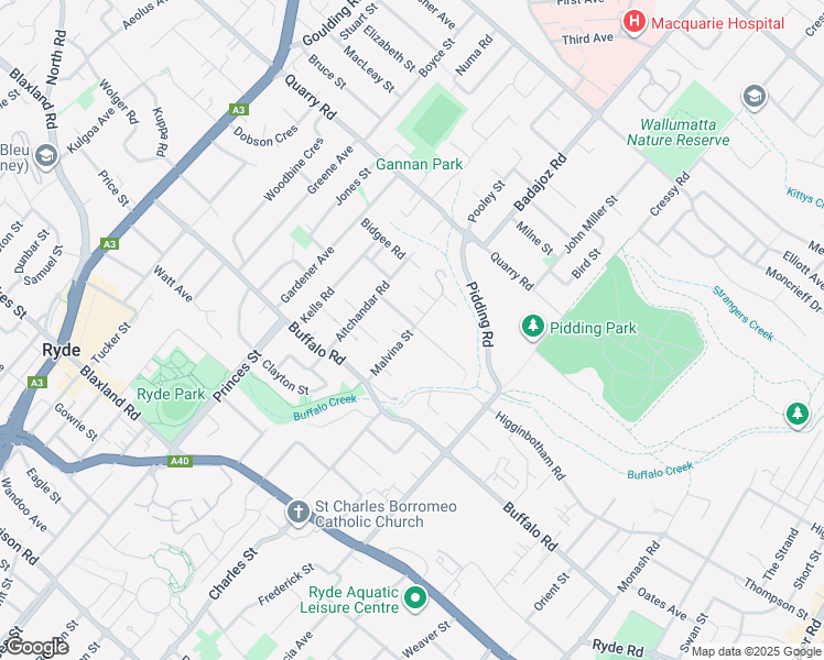 map of restaurants, bars, coffee shops, grocery stores, and more near Malvina Street in Ryde