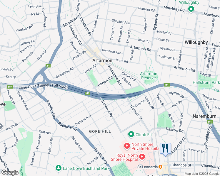 map of restaurants, bars, coffee shops, grocery stores, and more near 35 Parkes Road in Artarmon