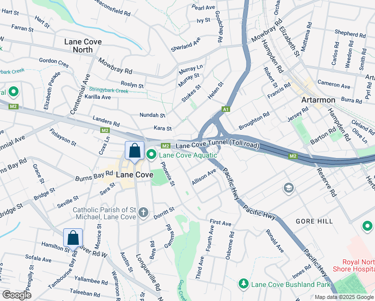map of restaurants, bars, coffee shops, grocery stores, and more near 15 Mafeking Avenue in Lane Cove