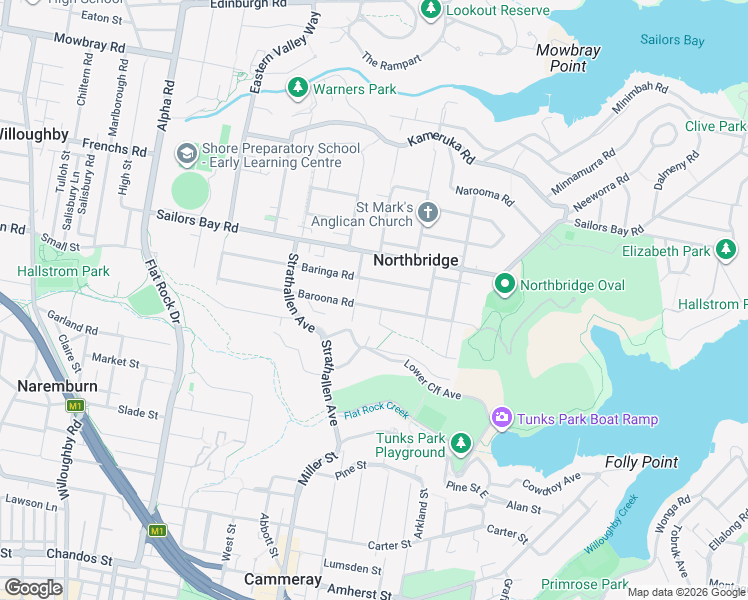 map of restaurants, bars, coffee shops, grocery stores, and more near 67 Baroona Road in Northbridge