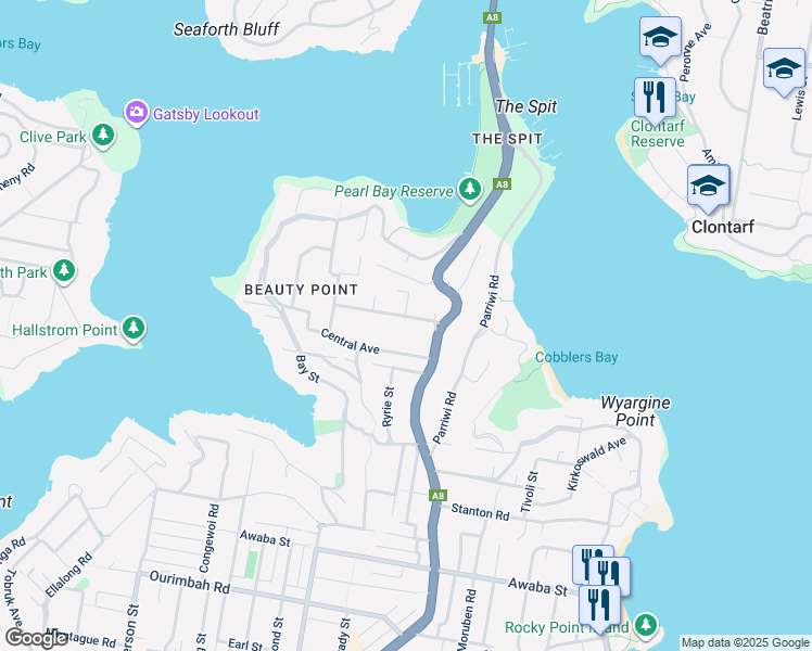 map of restaurants, bars, coffee shops, grocery stores, and more near 14 Medusa Street in Mosman