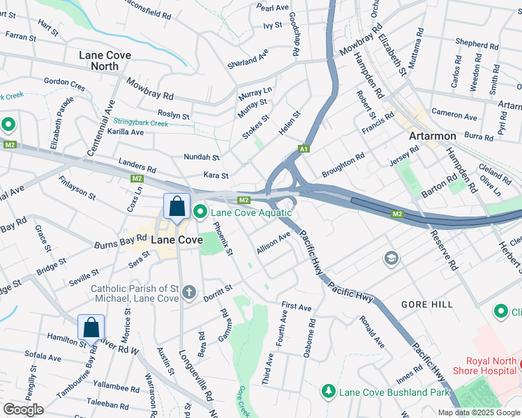 map of restaurants, bars, coffee shops, grocery stores, and more near 9 Mafeking Avenue in Lane Cove
