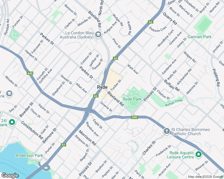map of restaurants, bars, coffee shops, grocery stores, and more near Blaxland Road in Ryde