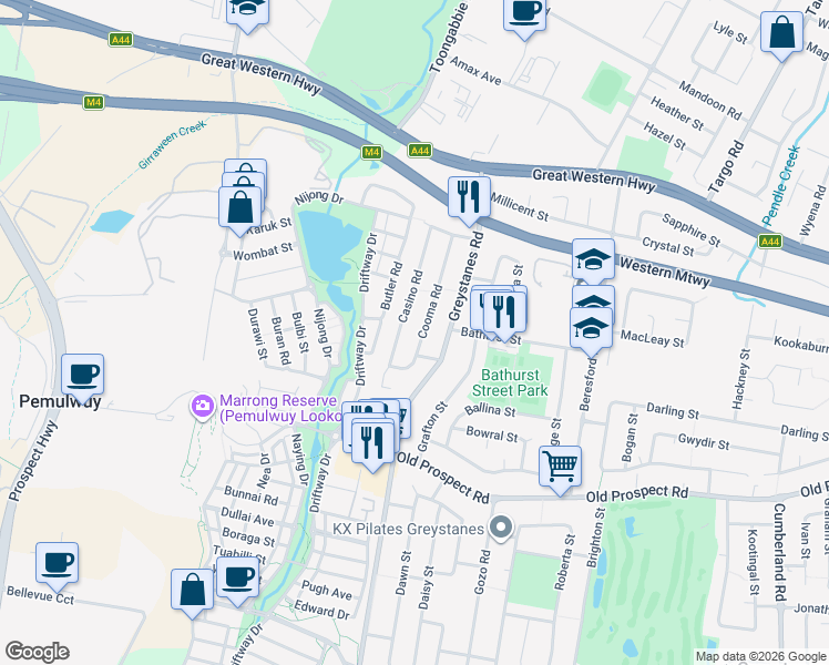 map of restaurants, bars, coffee shops, grocery stores, and more near 18 Cooma Road in Greystanes