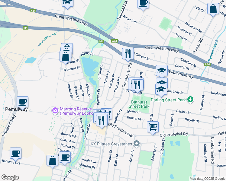 map of restaurants, bars, coffee shops, grocery stores, and more near 18 Cooma Road in Greystanes