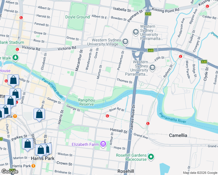 map of restaurants, bars, coffee shops, grocery stores, and more near 3 Broughton Street in Parramatta