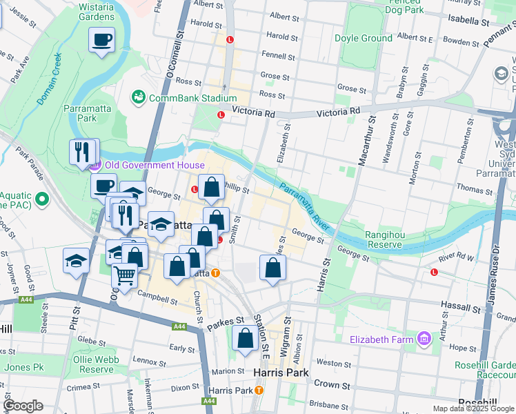 map of restaurants, bars, coffee shops, grocery stores, and more near 110 George Street in Parramatta