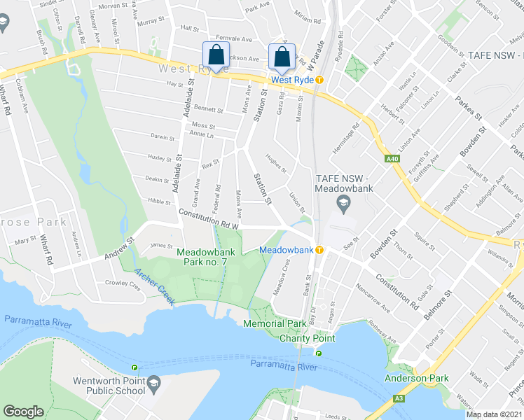 map of restaurants, bars, coffee shops, grocery stores, and more near 6 Sherbrooke Road in West Ryde