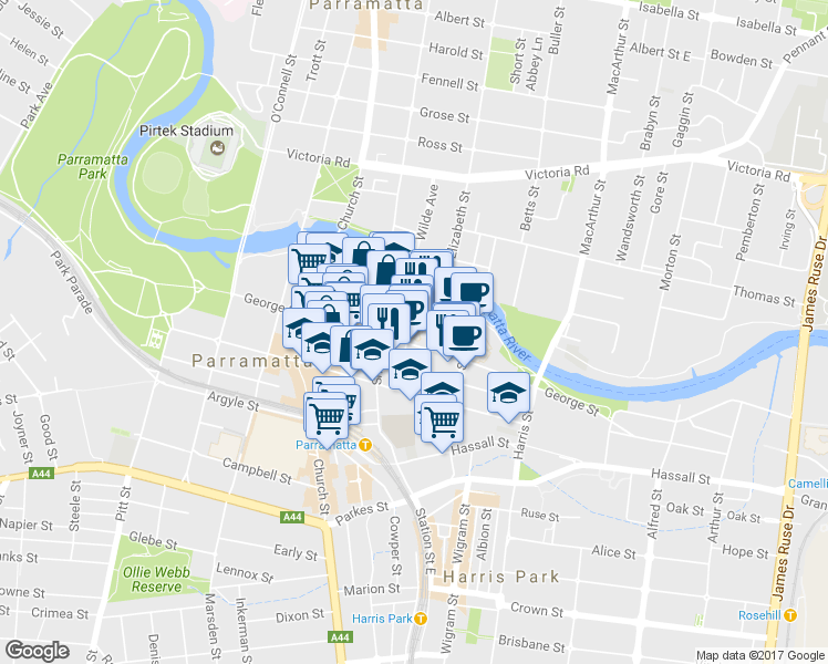 map of restaurants, bars, coffee shops, grocery stores, and more near 110 George Street in Parramatta