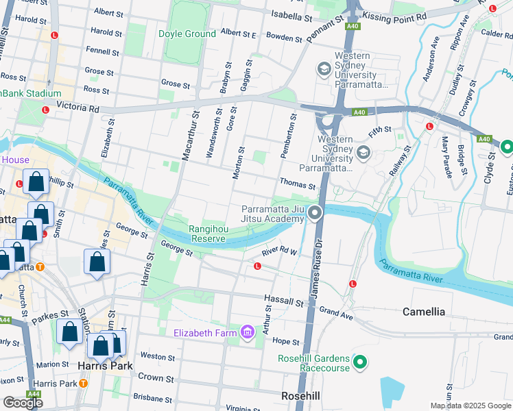 map of restaurants, bars, coffee shops, grocery stores, and more near 3 Broughton Street in Parramatta
