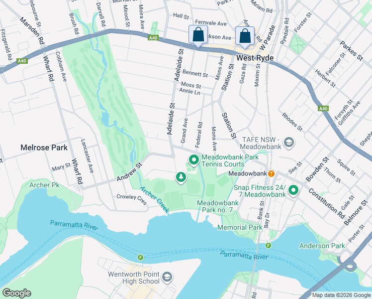 map of restaurants, bars, coffee shops, grocery stores, and more near 131 Constitution Road in Meadowbank