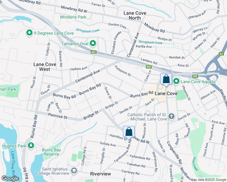 map of restaurants, bars, coffee shops, grocery stores, and more near 98 Burns Bay Road in Lane Cove