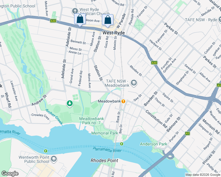 map of restaurants, bars, coffee shops, grocery stores, and more near 98 Station Street in West Ryde