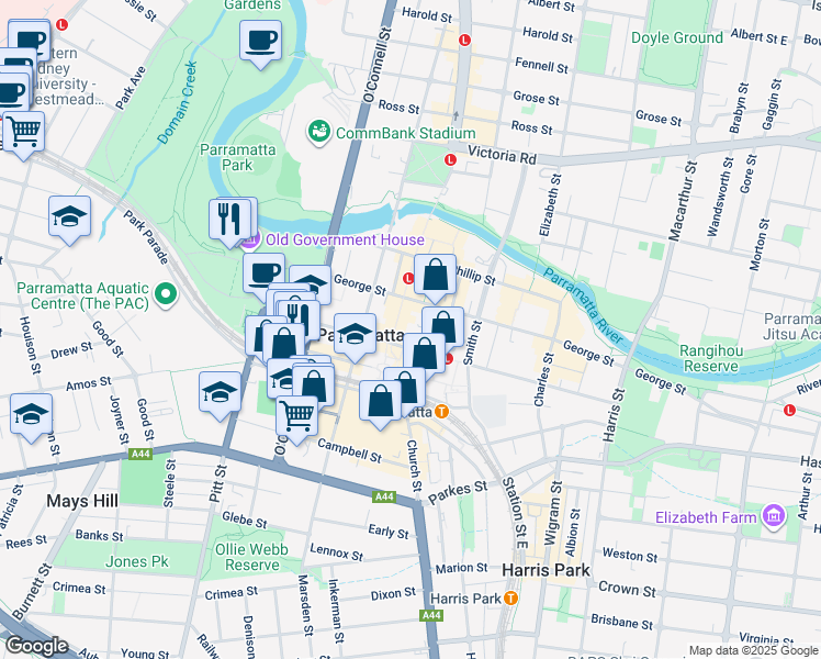 map of restaurants, bars, coffee shops, grocery stores, and more near 222-230 Church Street in Parramatta