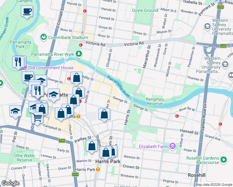 map of restaurants, bars, coffee shops, grocery stores, and more near 180 George Street in Parramatta
