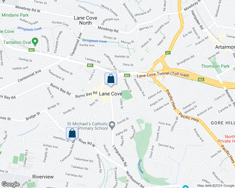 map of restaurants, bars, coffee shops, grocery stores, and more near 11 Little Street in Lane Cove