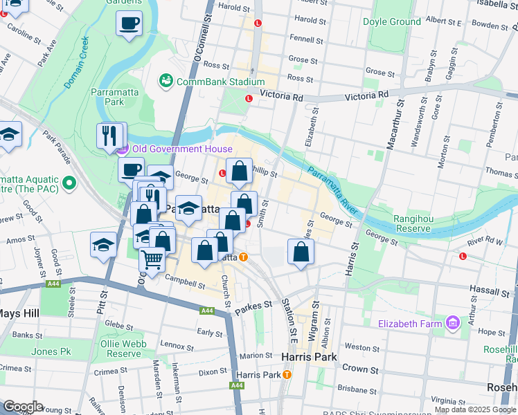 map of restaurants, bars, coffee shops, grocery stores, and more near 75 George Street in Parramatta