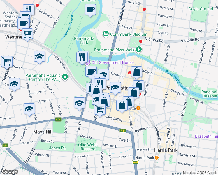 map of restaurants, bars, coffee shops, grocery stores, and more near 31-39 Macquarie Street in Parramatta