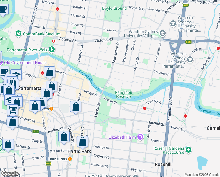 map of restaurants, bars, coffee shops, grocery stores, and more near 1-19 Macarthur Street in Parramatta