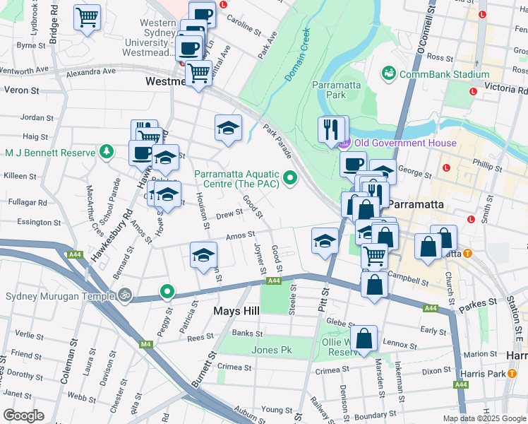 map of restaurants, bars, coffee shops, grocery stores, and more near 29-31 Good Street in Westmead