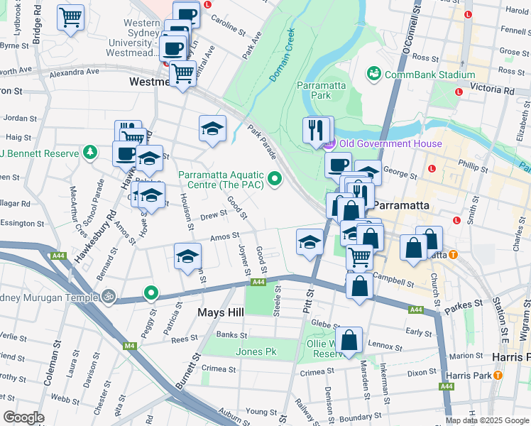 map of restaurants, bars, coffee shops, grocery stores, and more near 18 Thomas May Place in Westmead