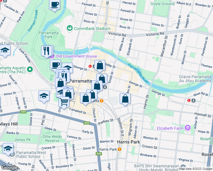 map of restaurants, bars, coffee shops, grocery stores, and more near 25 Smith Street in Parramatta