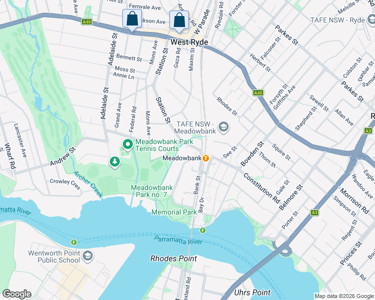 map of restaurants, bars, coffee shops, grocery stores, and more near 72-78 Constitution Road in Meadowbank