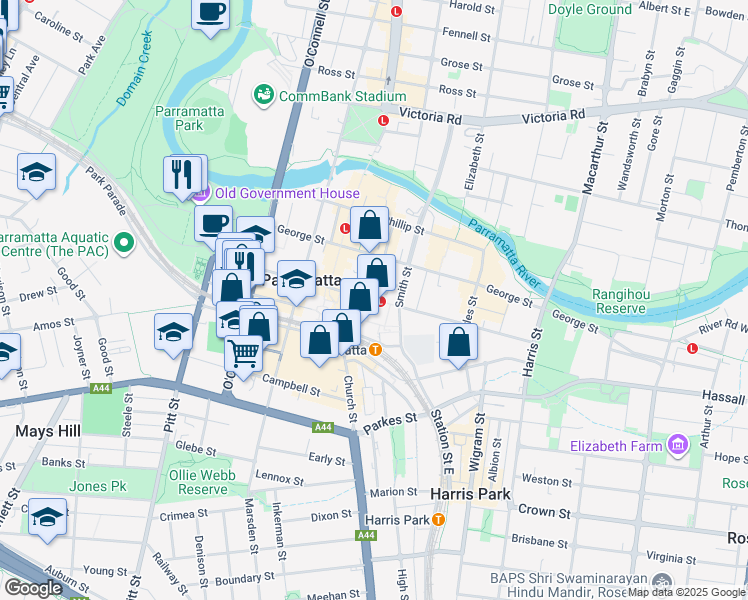 map of restaurants, bars, coffee shops, grocery stores, and more near Macquarie Street in Parramatta
