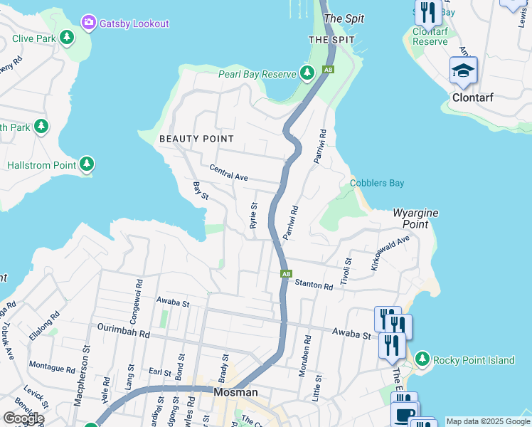 map of restaurants, bars, coffee shops, grocery stores, and more near 180 Spit Road in Mosman