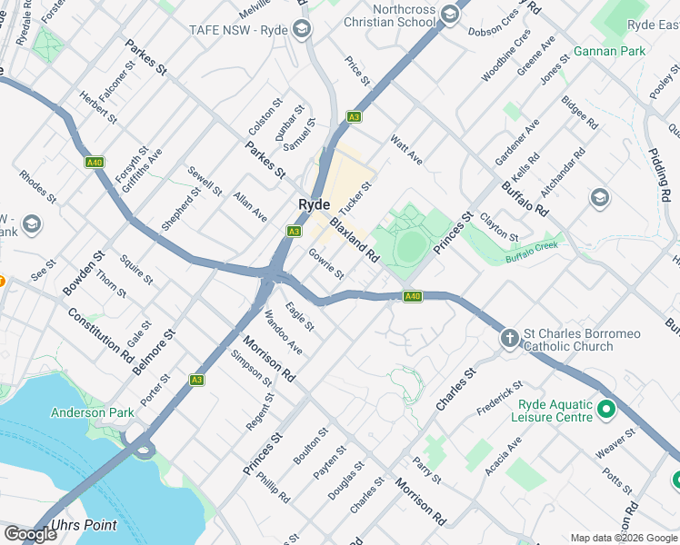 map of restaurants, bars, coffee shops, grocery stores, and more near 15 William Street in Ryde