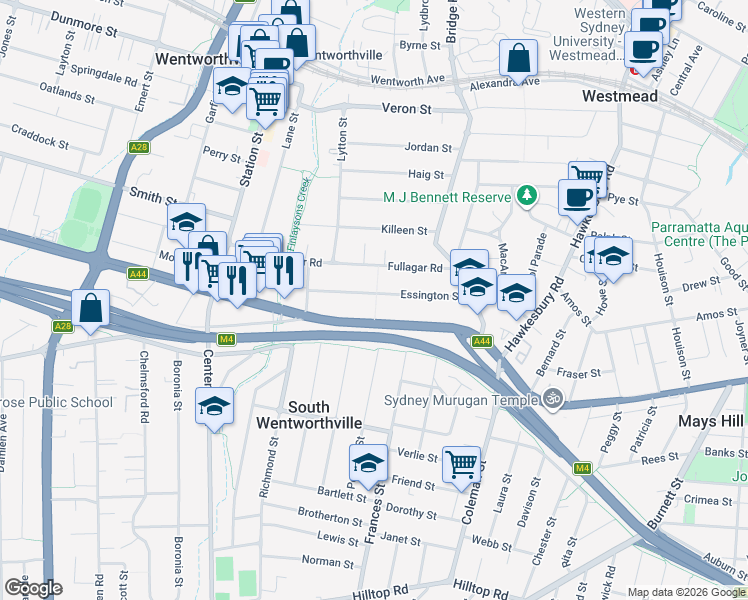 map of restaurants, bars, coffee shops, grocery stores, and more near 46 Essington Street in Wentworthville
