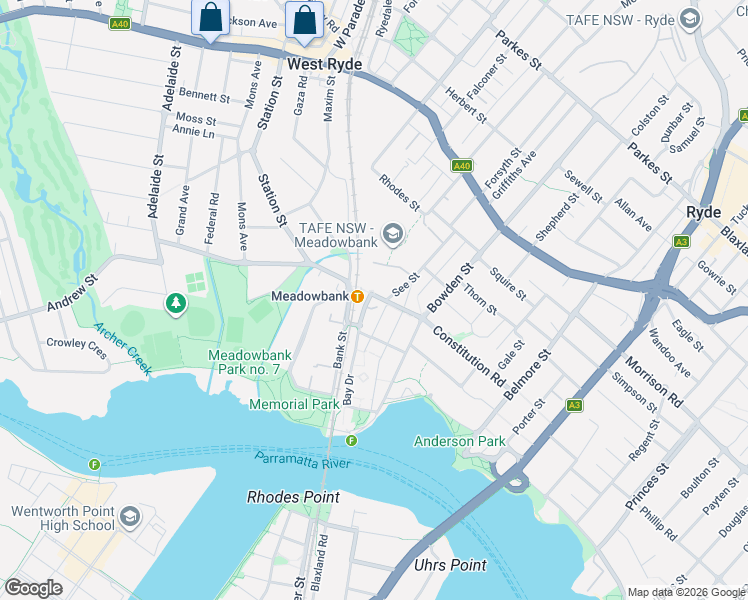 map of restaurants, bars, coffee shops, grocery stores, and more near 1 Railway Road in Meadowbank