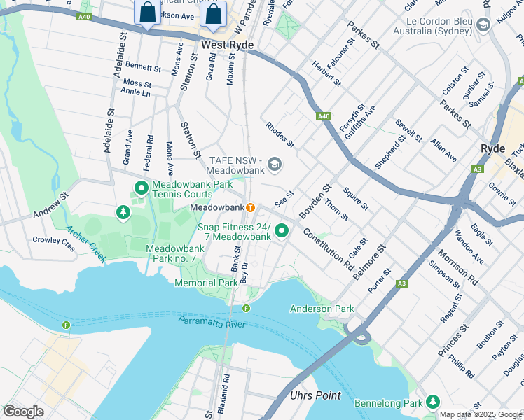 map of restaurants, bars, coffee shops, grocery stores, and more near 1 Railway Road in Meadowbank