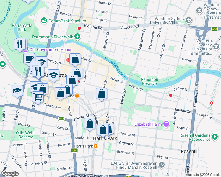 map of restaurants, bars, coffee shops, grocery stores, and more near 128 Macquarie Street in Parramatta