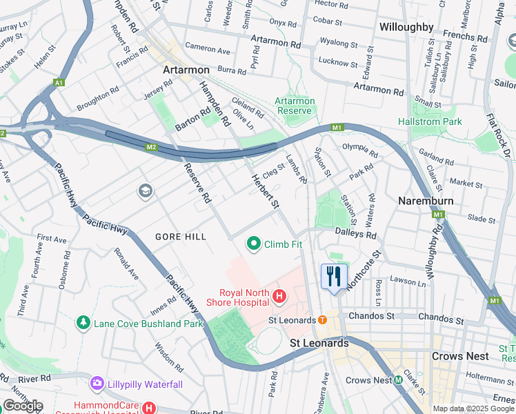 map of restaurants, bars, coffee shops, grocery stores, and more near 14 Herbert Street in Artarmon