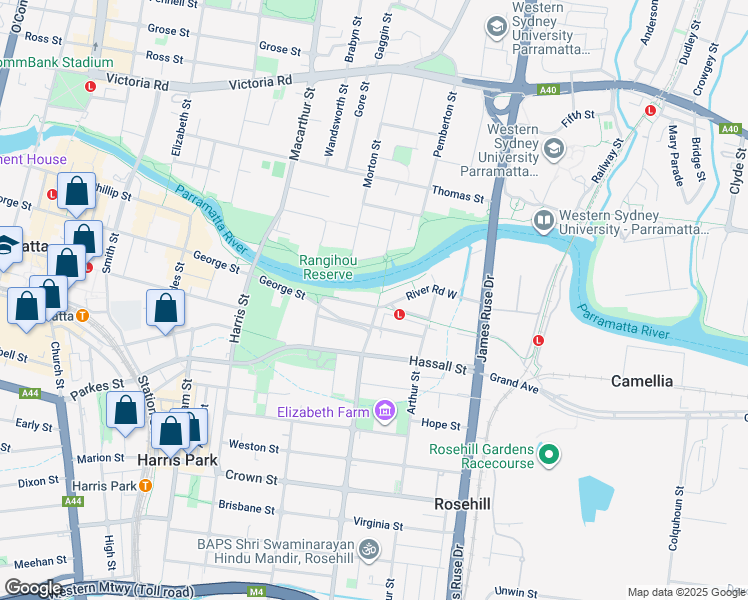 map of restaurants, bars, coffee shops, grocery stores, and more near 22 Noller Parade in Parramatta