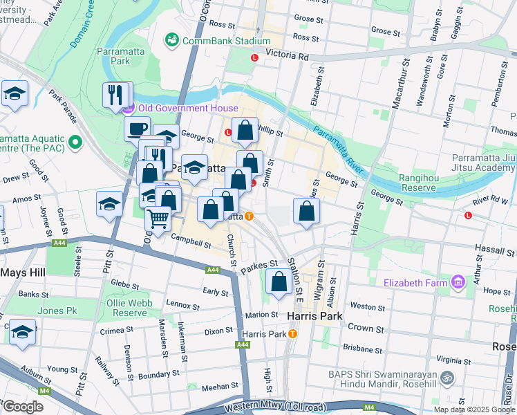 map of restaurants, bars, coffee shops, grocery stores, and more near 1 Smith Street in Parramatta
