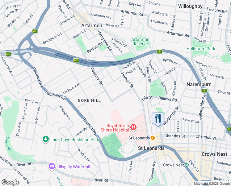 map of restaurants, bars, coffee shops, grocery stores, and more near 1 Frederick Street in Artarmon