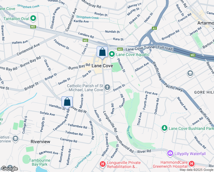 map of restaurants, bars, coffee shops, grocery stores, and more near 200 Longueville Road in Lane Cove