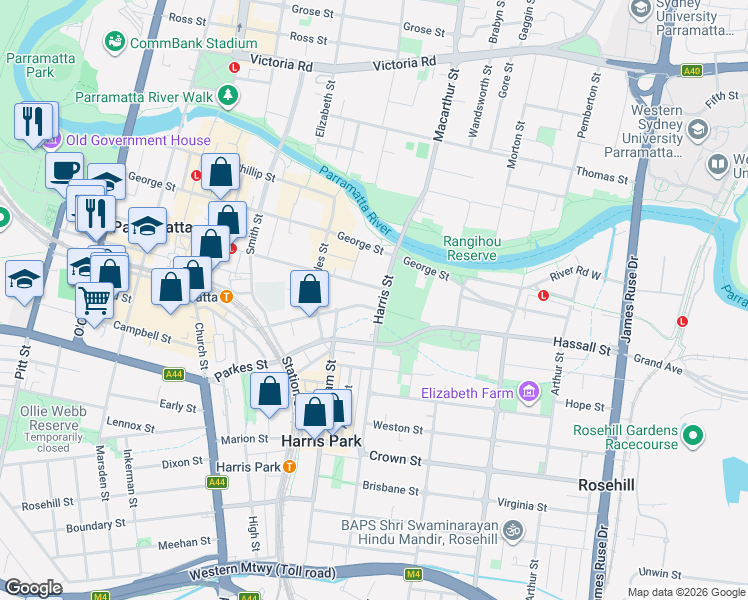 map of restaurants, bars, coffee shops, grocery stores, and more near 34 Hassall Street in Parramatta