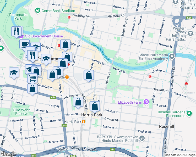 map of restaurants, bars, coffee shops, grocery stores, and more near 26 Hassall Street in Parramatta