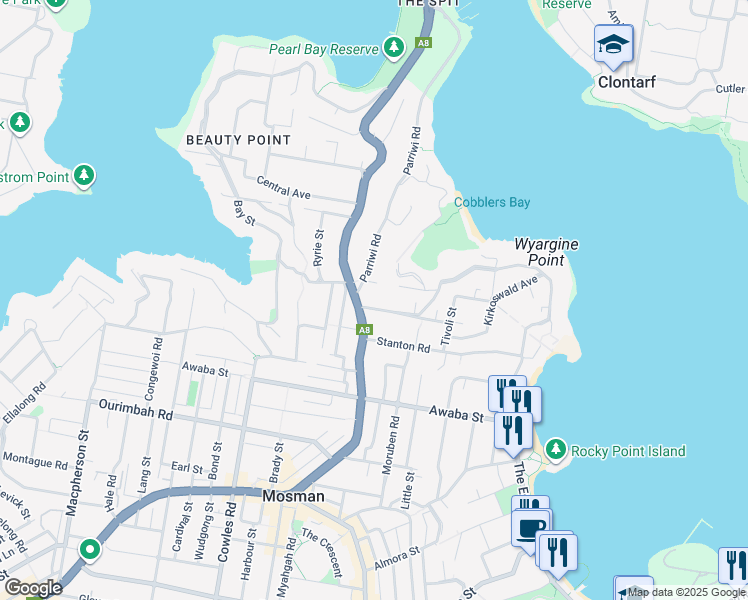 map of restaurants, bars, coffee shops, grocery stores, and more near 25 Warringah Road in Mosman